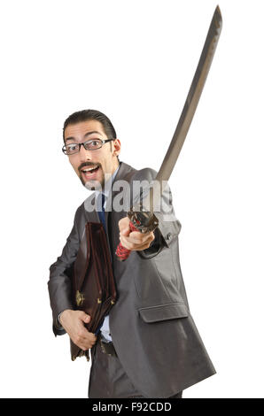 Businessman with sword on white Stock Photo