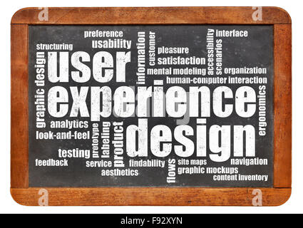 user experience design concept - word cloud in white chalk on a vintage blackboard Stock Photo