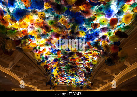 Colourful hand blown glass flowers, lobby ceiling in Bellagio Hotel, Las Vegas, Nevada, USA Stock Photo