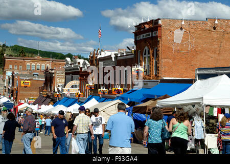 Historic buildings and crowd during Donkey Derby Days, Main Street, Cripple Creek, Colorado USA Stock Photo