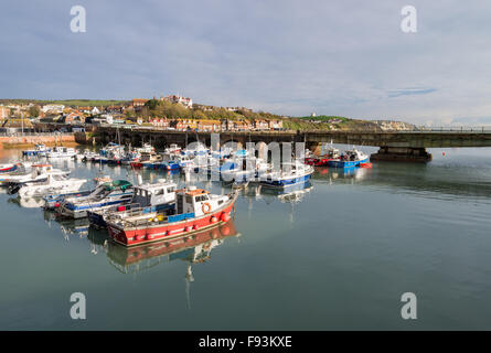 A view of the fishing boats at Folkestone Harbour, Kent. Stock Photo