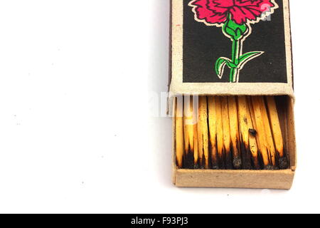 isolated on a white background box full of burned matches Stock Photo