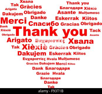 Gratitude expression "Thank you" written in different languages, forming heart shape. Stock Vector