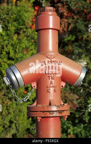 Close-up red fire hydrant on a street of Kemer, Turkey Stock Photo