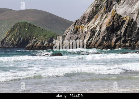 Atlantic surf at Coumeenoole Beach, Dunmore Head on the Dingle Peninsula with Great Blasket Island in the background Stock Photo