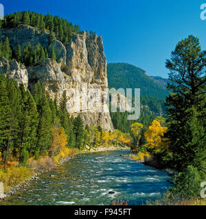 fall colors and cliffs along the gallatin river near gallatin gateway, montana Stock Photo