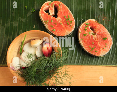 Raw salmon steaks, dill, onion, garlic, ingredients, Stock Photo