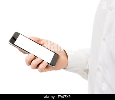 Close up of man using smart phone on white background, isolated Stock Photo