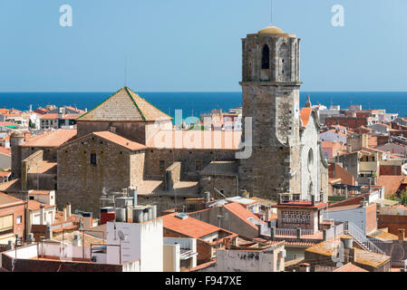 View of town and Church of St Nicolau from Parc del Castell, Malgrat de Mar, Costa del Maresme, Catalonia, Spain Stock Photo