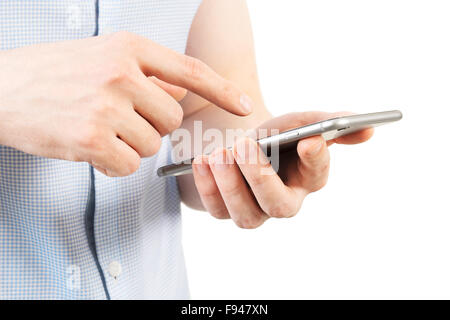 Close up of man using smart phone on white background, isolated Stock Photo