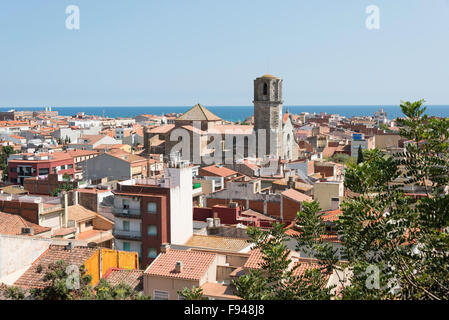 View of town and Church of St Nicolau from Parc del Castell, Malgrat de Mar, Costa del Maresme,  Catalonia, Spain Stock Photo