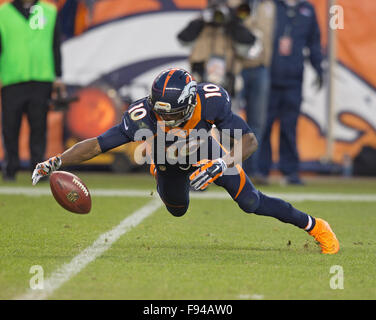 Denver, Colorado, USA. 13th Dec, 2015. Broncos WR EMMANUEL SANDERS tries to gain control of the ball after fumbling the punt during the 2nd. Half at Sports Authority Field at Mile High Sunday afternoon. The Raiders beat the Broncos 15-12. Credit:  Hector Acevedo/ZUMA Wire/Alamy Live News Stock Photo