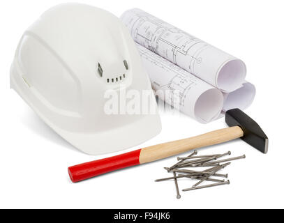 Claw hammer and rolled blueprints Stock Photo