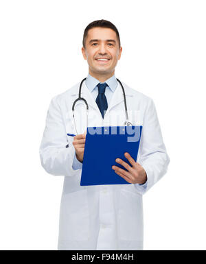 smiling male doctor with clipboard and stethoscope Stock Photo