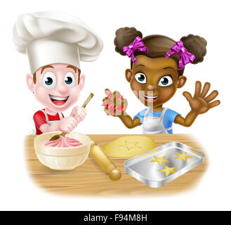 Cartoon boy and girl kids, one black one white, dressed as chefs or bakers baking cakes and cookies Stock Photo