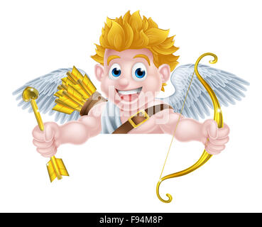 Cartoon valentines day cupid winged angel character holding his golden bow and heart arrow and peeking over a sign Stock Photo