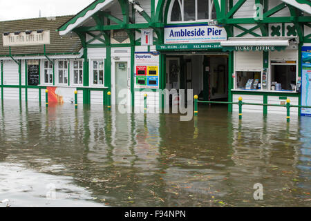 Ambleside Pier surrounded by flood water after Lake Windermere burst its banks in Ambleside in the Lake District on Sunday 6th December 2015, after torrential rain from storm Desmond. Stock Photo