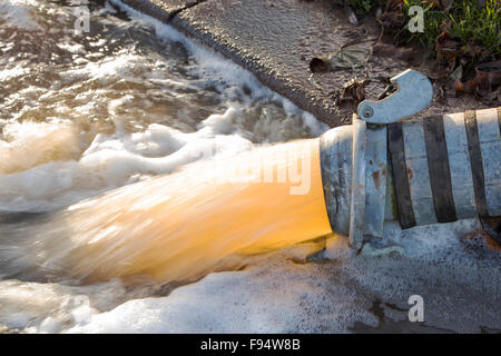 Pumping out floodwater from the Civic Centre in Carlisle, Cumbria on Tuesday 8th December 2015, after torrential rain from storm Desmond. The storm set a new British record for rainfsll totals in a day with 341.4mm falling in 24 hours. Stock Photo