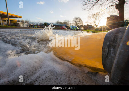 Pumping out floodwater from the Civic Centre in Carlisle, Cumbria on Tuesday 8th December 2015, after torrential rain from storm Desmond. The storm set a new British record for rainfall totals in a day with 341.4mm falling in 24 hours. Stock Photo