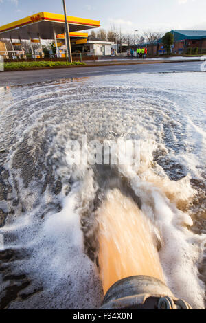 Pumping out floodwater from the Civic Centre in Carlisle, Cumbria on Tuesday 8th December 2015, after torrential rain from storm Desmond. The storm set a new British record for rainfall totals in a day with 341.4mm falling in 24 hours. Stock Photo