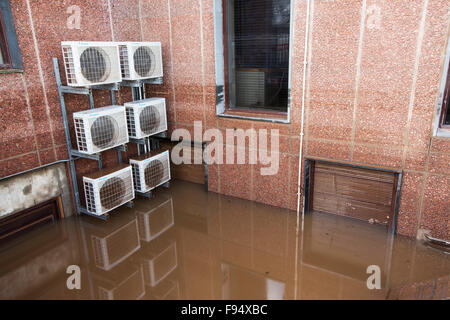 Flood water round the Civic Centre in Carlisle, Cumbria on Tuesday 8th December 2015, after torrential rain from storm Desmond. Stock Photo