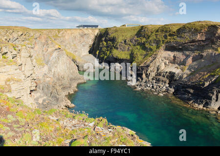 Cornwall cove with beautiful blue turquoise sea between Treyarnon and Newquay summer blue sky day Stock Photo