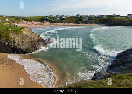 Treyarnon Bay Cornwall England UK Cornish north coast people in the surf and waves between Newquay and Padstow in summer Stock Photo