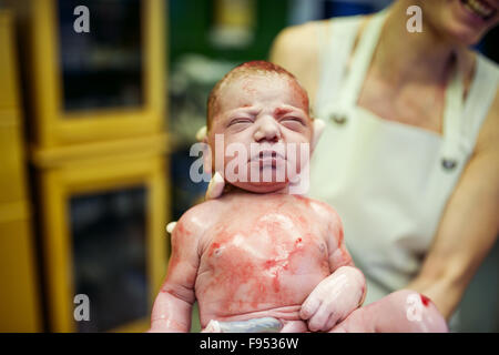 Doctor holding a beautiful baby girl few seconds after the birth Stock Photo