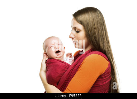 Crying child with mother isolated on white background in studio Stock Photo