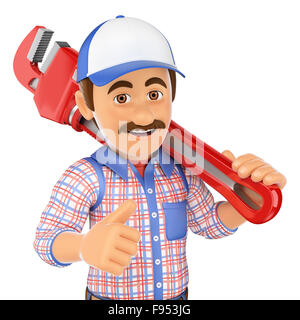 3d working people. Plumber with a pipe wrench. Isolated white background. Stock Photo