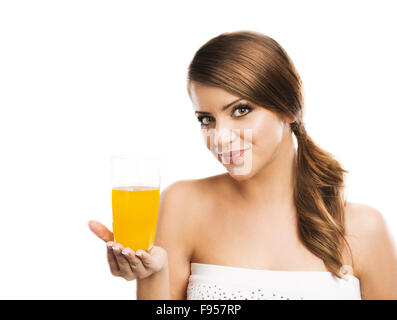 Beautiful woman with a glass of orange juice, isolated on white Stock Photo