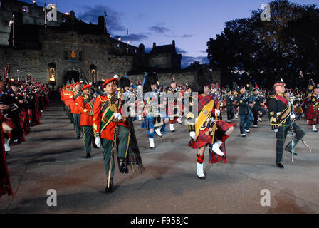 Massed pipes and drums at the 2011 Edinburgh Military Tattoo in Edinburgh, Scotland. Stock Photo