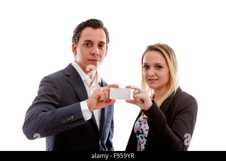 young business couple holding empty card for your own text over white background Stock Photo