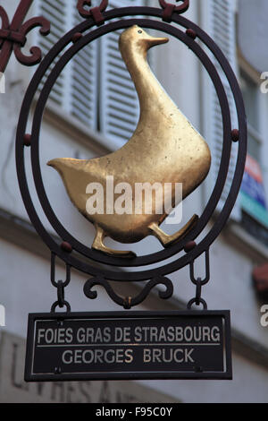 France, Alsace, Strasbourg, foie gras shop sign, Stock Photo