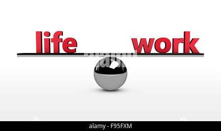 Work-life balance conceptual 3d illustration with life and work red sign balancing on a metal sphere. Stock Photo