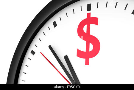 Time is money concept with a close-up of dollars sign and icon printed on a clock face. Stock Photo