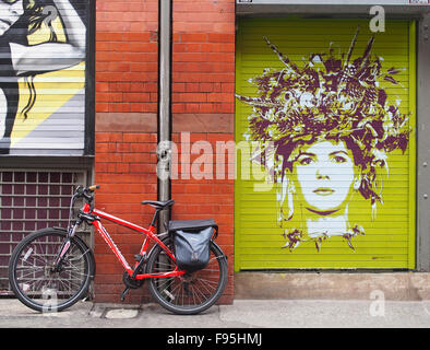 Street art by Tankpetrol on a shutter on Tib Street in the Northern Quarter of Manchester city centre, UK. Stock Photo