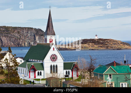 High angle view of St. Paul's Anglican Church in the foreground and Fort Point Lightouse in the background, Trinity, Stock Photo