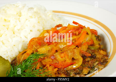 White Rice Meat Fired meat, white rice and vegetables on the white Stock Photo - Alamy