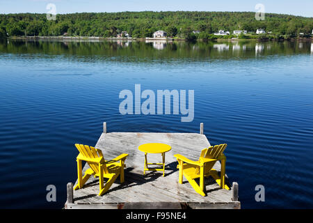 Bright color Adirondack chairs on outside wood deck 