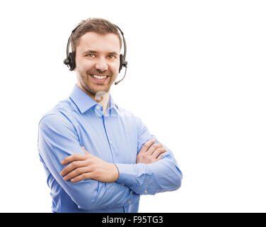 Call center operator isolated on white. Young handsome man with headset. Stock Photo