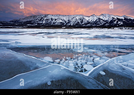 Mount William Booth and Abraham Lake at Preacher's Point, Kootenay Plains, Alberta, Canada Stock Photo