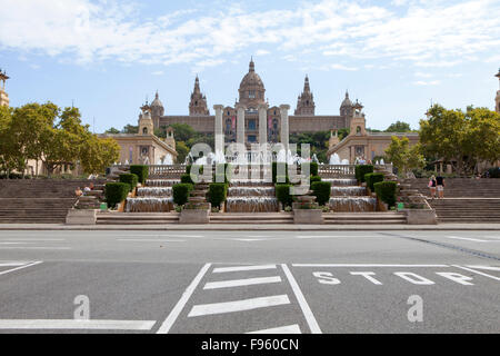 Magic fountain and Palau Nacional Montjuic in Barcelona, Spain Stock Photo