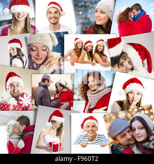 Collage of happy people in santa hats celebrating Christmas Stock Photo