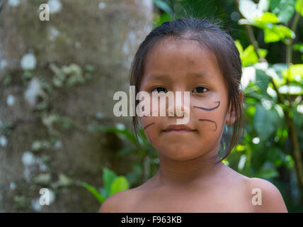 Indiginous Bora villagers at Kapitari village, near Manacamiri, Amazon River, Peru Stock Photo