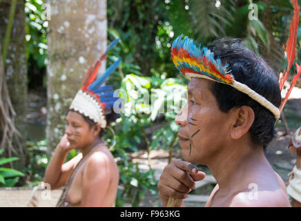 Indiginous Bora villagers at Kapitari village, near Manacamiri, Amazon River, Peru Stock Photo