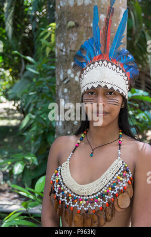 Indiginous Bora villagers at Kapitari village, near Manacamiri, Amazon River, Peru Stock Photo