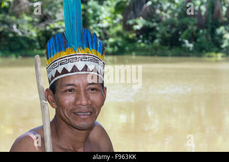 Indiginous Bora villagers at Kapitari village, near Manacamiri, Amazon River, Peru Stock Photo