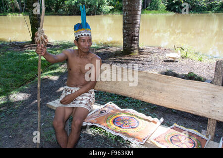 Indiginous Bora villagers at Kapitari village, near Manacamiri, Amazon River, Peru Stock Photo