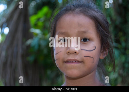 Indiginous Bora villagers at Kapitari village, near Manacamiri, Amazon River, Peru Stock Photo